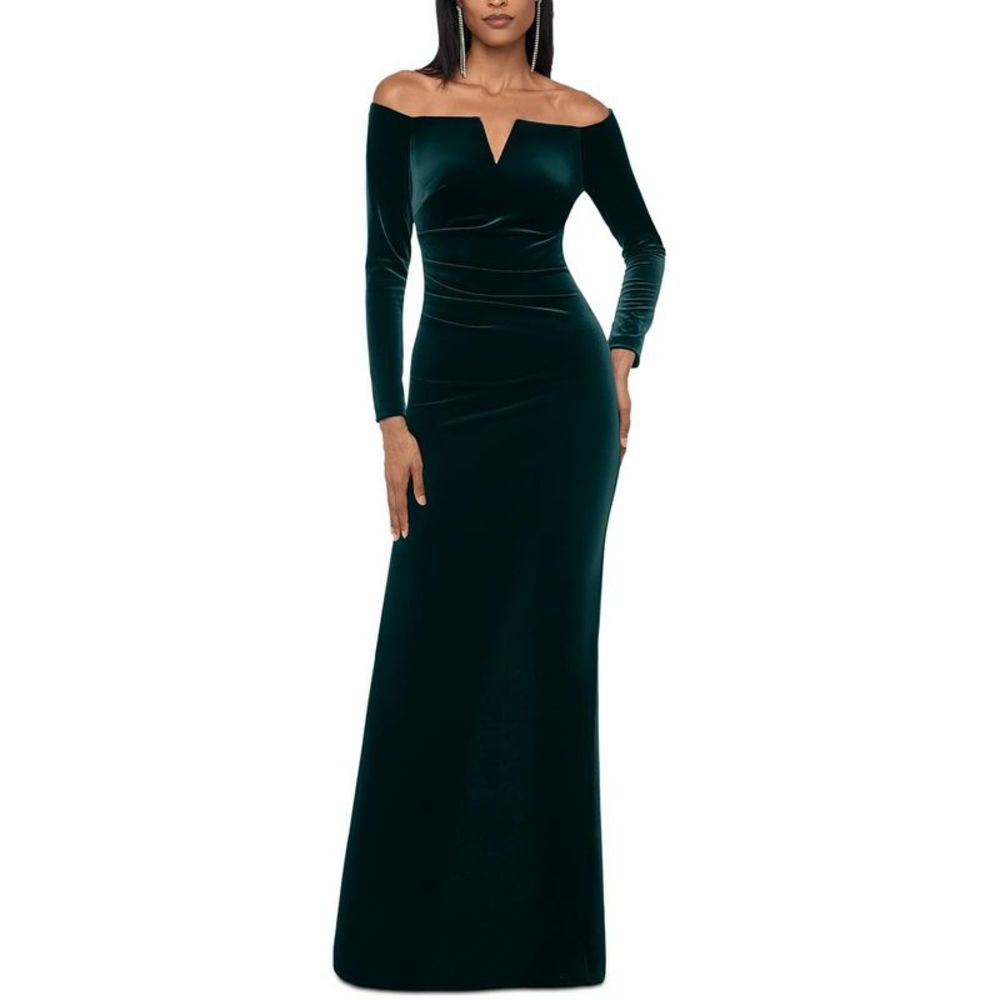 X by Xscape Womens Green Velvet Formal Evening Dress Gown Petites NWOT